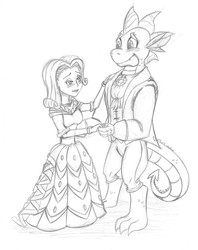 Size: 2475x3126 | Tagged: safe, artist:faroth, rarity, spike, g4, beauty and the beast, crossover, dancing, fairy tale, female, high res, male, monochrome, ship:sparity, shipping, sketch, straight