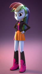 Size: 1080x1920 | Tagged: safe, artist:3d thread, artist:creatorofpony, rainbow dash, sunset shimmer, equestria girls, g4, 3d, 3d model, blender, boots, clothes, clothes swap, female, jacket, rainbow dash always dresses in style, shirt, skirt, solo, sunset shimmer's boots, sunset shimmer's clothes, sunset shimmer's skirt