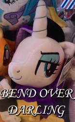 Size: 548x886 | Tagged: safe, artist:onlyfactory, applejack, rarity, g4, :3, bedroom eyes, bend over, bootleg, darling, irl, photo, plushie, smiling