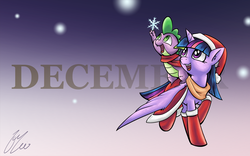 Size: 4000x2500 | Tagged: safe, artist:lovelyneckbeard, spike, twilight sparkle, alicorn, pony, g4, boots, catching snowflakes, clothes, december, female, hat, mare, open mouth, raised hoof, santa hat, scarf, snow, snowflake, twilight sparkle (alicorn)