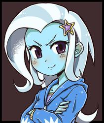 Size: 665x787 | Tagged: safe, artist:nazonazopowerfu, trixie, equestria girls, g4, blushing, brown background, clothes, crossed arms, cute, diatrixes, female, jacket, simple background, smiling, solo