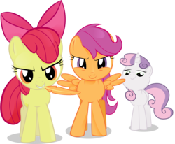Size: 3948x3258 | Tagged: safe, artist:jrrhack, apple bloom, scootaloo, sweetie belle, g4, cutie mark crusaders, feather, high res, imminent tickles, pure unfiltered evil, simple background, slasher smile, transparent background, vector