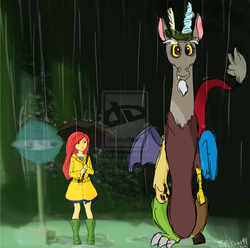 Size: 1024x1017 | Tagged: safe, artist:rain098, discord, fluttershy, human, g4, bus stop, crossover, cute, discute, humanized, my neighbor totoro, parody, reference, studio ghibli, watermark