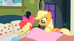 Size: 1366x768 | Tagged: safe, screencap, apple bloom, applejack, apple family reunion, g4, adorabloom, bed, cute, female, filly, jackabetes, mare, messy mane, night, not creepy, out of context, sleeping, smiling, stars