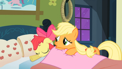 Size: 1366x768 | Tagged: safe, screencap, apple bloom, applejack, earth pony, pony, apple family reunion, g4, bed, butt touch, eyes closed, female, filly, hoof on butt, mare, pillow