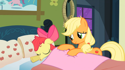 Size: 1366x768 | Tagged: safe, screencap, apple bloom, applejack, earth pony, pony, apple family reunion, g4, bed, butt touch, duckface, female, filly, hoof on butt, mare, pillow, sleeping