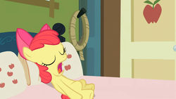 Size: 1366x768 | Tagged: safe, screencap, apple bloom, apple family reunion, g4, female, open mouth, sleeping, snoring, solo