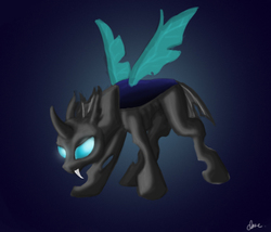 Size: 706x604 | Tagged: safe, artist:engavar, changeling, closed mouth, fangs, full body, lidded eyes, solo, spread wings, standing, three quarter view, wings