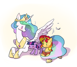 Size: 450x389 | Tagged: dead source, safe, artist:baekgup, princess celestia, sunset shimmer, twilight sparkle, alicorn, pony, unicorn, g4, alternate universe, blushing, book, cute, daaaaaaaaaaaw, ethereal mane, ethereal tail, female, filly, filly twilight sparkle, hoof shoes, mare, momlestia, shimmerbetes, tail, trio, twiabetes, weapons-grade cute, younger