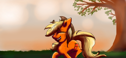 Size: 1240x573 | Tagged: safe, artist:captainsnarkyninja, applejack, earth pony, pony, g4, eyes closed, female, happy, solo, sunset, tree