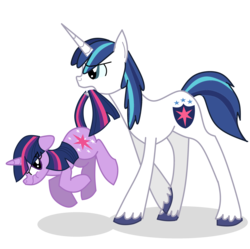 Size: 2624x2616 | Tagged: safe, artist:hippityhoppity28, shining armor, twilight sparkle, pony, g4, duo, high res, mouth hold, tail, tail pull