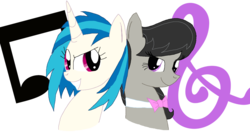 Size: 1560x827 | Tagged: safe, artist:hippityhoppity28, dj pon-3, octavia melody, vinyl scratch, pony, g4, duo