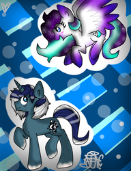 Size: 1000x1300 | Tagged: safe, artist:anightlypony, artist:ghostfacenikol, oc, oc only, oc:nightly, oc:skyfall, pegasus, pony, unicorn, female, male, mare, stallion