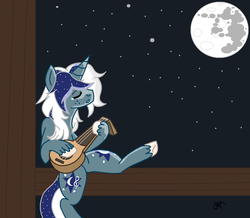 Size: 957x834 | Tagged: safe, artist:chopstickgirl241, oc, oc only, oc:nightly, pony, unicorn, bard, lute, moon, musical instrument, night, solo