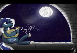 Size: 1024x707 | Tagged: safe, artist:prismnight, oc, oc only, oc:nightly, pony, bard, blue, lute, male, moon, music, musical instrument, night, solo, song, stallion