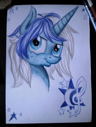 Size: 768x1024 | Tagged: safe, artist:sparklyon3, oc, oc only, oc:nightly, pony, unicorn, rcf community, blue, bust, male, portrait, solo, stallion, traditional art