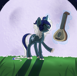 Size: 735x724 | Tagged: safe, artist:sapphire-kitty, oc, oc only, oc:nightly, pony, bard, blue, happy, lute, magic, male, music, musical instrument, solo, stallion