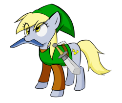 Size: 1534x1290 | Tagged: safe, artist:doval, derpy hooves, pegasus, pony, g4, boomerang, clothes, crossover, female, link, mare, mouth hold, solo, sword, the legend of zelda, weapon