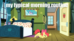 Size: 845x475 | Tagged: safe, apple bloom, g4, dragging, female, image macro, meme, solo, wake up, waking up