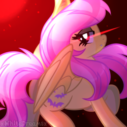 Size: 2000x2000 | Tagged: safe, artist:xwhitedreamsx, fluttershy, bat pony, pony, g4, cute, cute little fangs, fangs, female, flutterbat, high res, race swap, solo