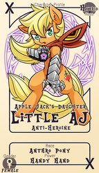 Size: 800x1399 | Tagged: safe, artist:vavacung, oc, oc only, oc:little aj, earth pony, anthro, comic:crazy future, action pose, bipedal, female, kill la kill, looking at you, mare, offspring, pactio card, parent:applejack, parent:unnamed oc, parents:canon x oc, senketsu, solo