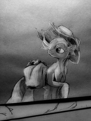 Size: 960x1280 | Tagged: safe, artist:mozakiaeolus, applejack, g4, apple, basket, female, grayscale, looking back, monochrome, raised hoof, solo, traditional art