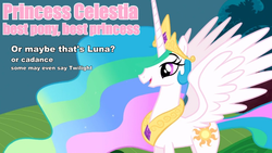 Size: 630x355 | Tagged: safe, princess celestia, g4, best pony, female, image macro, meme, pink text, solo