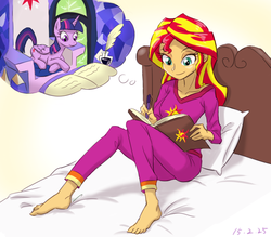 Size: 800x700 | Tagged: safe, artist:ta-na, sunset shimmer, twilight sparkle, alicorn, human, pony, equestria girls, g4, barefoot, book, clothes, feet, female, journey book, mare, meme origin, pajamas, pants, pillow, sitting, smiling, sunset's daydream, sweater, twilight sparkle (alicorn), twilight's castle, writing