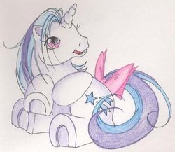 Size: 522x454 | Tagged: safe, artist:kissthethunder, baby glory, glory, pony, unicorn, g1, cute, female, filly, mare, photo, solo, stars, tail bow, traditional art, underhoof, younger