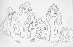 Size: 763x489 | Tagged: safe, artist:tearsofthunder, mimic (g1), spike, sweet stuff, dragon, earth pony, pony, twinkle eyed pony, unicorn, g1, g4, cute, female, male, monochrome, siblings, sisters, wink