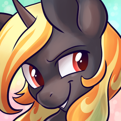 Size: 500x500 | Tagged: safe, artist:pixel-prism, oc, oc only, oc:incendia, pony, unicorn, fanfic:antipodes, grin, portrait, solo