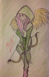 Size: 1654x2592 | Tagged: safe, artist:derpam, fluttershy, human, g4, arrow, bow, female, humanized, solo, traditional art