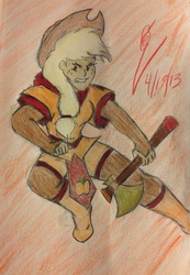 Size: 1794x2592 | Tagged: safe, artist:derpam, applejack, human, g4, axe, female, humanized, solo, traditional art