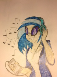 Size: 1936x2592 | Tagged: safe, artist:derpam, dj pon-3, vinyl scratch, human, g4, female, headphones, humanized, iphone, music, solo, traditional art