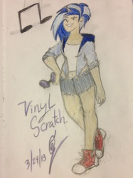 Size: 1936x2592 | Tagged: safe, artist:derpam, dj pon-3, vinyl scratch, human, g4, clothes, converse, female, hot pants, humanized, shoes, solo, traditional art