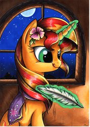 Size: 2481x3509 | Tagged: safe, artist:yellowrobin, sunset shimmer, pony, unicorn, g4, clothes, female, flower in hair, high res, levitation, magic, moon, palindrome get, quill, scarf, solo, telekinesis, tongue out, writing