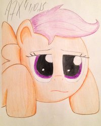 Size: 1024x1281 | Tagged: safe, artist:a7xcaramel, scootaloo, g4, bored, colored, colored pencil drawing, female, sad, solo, traditional art