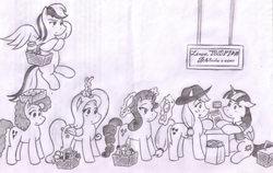 Size: 2108x1333 | Tagged: safe, artist:poseidonathenea, angel bunny, applejack, fluttershy, pinkie pie, rainbow dash, rarity, twilight sparkle, alicorn, pony, g4, cashier, female, mare, monochrome, pencil drawing, simple background, traditional art, twilight sparkle (alicorn), white background