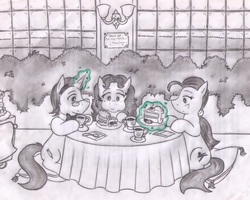 Size: 1992x1592 | Tagged: safe, artist:poseidonathenea, oc, oc only, oc:aaron pony, oc:shinta pony, oc:taekwon magic, cake, monochrome, tea, traditional art