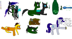 Size: 1400x766 | Tagged: safe, artist:derek the metagamer, applejack, nightmare moon, queen chrysalis, rarity, oc, oc:derek the metagamer, changeling, g4, 3ds, appleling, badge, changelingified, cocoon, cuddling, gamer changeling, headset, laser, queen umbra, rule 63, snuggling