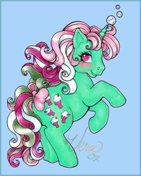 Size: 550x688 | Tagged: safe, artist:penanggalan, fizzy, pony, unicorn, g1, blushing, female, mare, simple background, solo