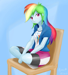 Size: 2000x2200 | Tagged: safe, artist:ryou14, rainbow dash, equestria girls, g4, blushing, clothes, compression shorts, female, high res, looking at you, missing shoes, sitting, smiling, solo