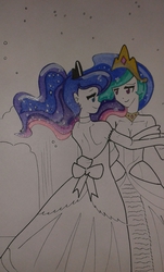Size: 1440x2390 | Tagged: safe, artist:johnjoseco, artist:kay-chi, princess celestia, princess luna, human, g4, clothes, colored, dancing, dress, gown, humanized, night, redraw, sisters, stars, traditional art