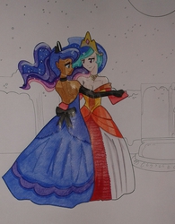 Size: 1387x1782 | Tagged: safe, artist:johnjoseco, artist:kay-chi, princess celestia, princess luna, human, g4, clothes, colored, dancing, dark skin, dress, gown, humanized, night, photo, redraw, sisters, stars, traditional art