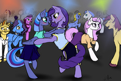 Size: 1280x853 | Tagged: safe, artist:silfoe, princess celestia, princess luna, twilight sparkle, oc, alicorn, earth pony, pegasus, pony, unicorn, royal sketchbook, g4, bipedal, blushing, bowtie, closed mouth, clothes, colored hooves, cyan eyes, dancing, disguise, disgusted, earth pony luna, eye contact, eyes closed, female, hooves on shoulders, implied homophobia, lesbian, mare, me gusta, open mouth, pegasus twilight sparkle, pink-mane celestia, pointing, race swap, raised eyebrow, raised hoof, recolor, s1 luna, ship:twiluna, shipping, shirt, skirt, smiling, twilight sparkle (alicorn), unamused, unicorn celestia, yellow eyes