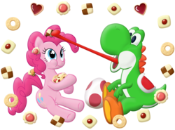 Size: 7321x5408 | Tagged: safe, artist:frogem, pinkie pie, earth pony, pony, yoshi, g4, absurd resolution, cookie, crossover, egg, female, food, long tongue, mare, super mario bros., tongue out, yoshi egg, yoshi pie, yoshi's cookie