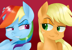 Size: 1024x714 | Tagged: safe, artist:justbrohoof, applejack, rainbow dash, g4, faic, female, mischievous, smugdash