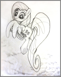 Size: 2688x3388 | Tagged: dead source, safe, artist:uminanimu, fluttershy, pegasus, pony, g4, butt, female, flying, high res, mare, monochrome, plot, solo, traditional art, underhoof