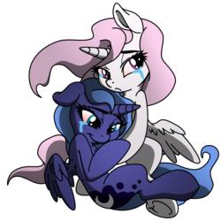 Size: 2500x2500 | Tagged: safe, artist:dfectivedvice, artist:pananovich, princess celestia, princess luna, g4, cewestia, crying, cute, filly, floppy ears, high res, hug, simple background, sitting, smiling, transparent background, underhoof, woona