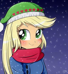 Size: 960x1056 | Tagged: safe, artist:riouku, applejack, equestria girls, g4, blushing, clothes, coat, cute, female, freckles, hat, jackabetes, scarf, smiling, snow, snowfall, solo, winter